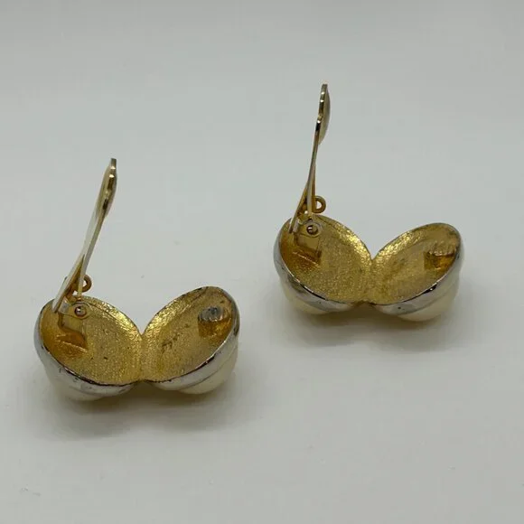 Vintage Gold Tone Double Faux Pearl Clip-On Earrings Retro 80s Statement Cabocho - Picture 11 of 13